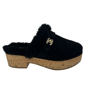 Chanel 21A Black Shearling CC Turn Clasp Quilt Cork Mules
